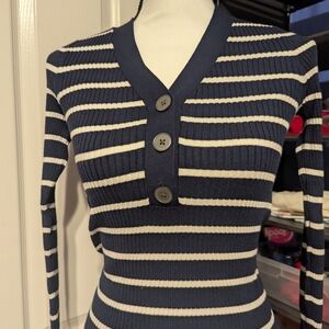 LOFT Navy and Cream Buttoned V-Neck Sweater